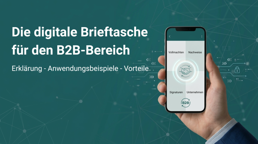 Digitale Brieftasche für den B2B-Bereich, Eine Hand mit einem Smartphone und einem wallet ist zu sehen