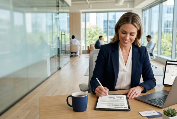 Lächelnde Frau am Schreibtisch, unterschreibt mit einem Stift auf einem iPad nachdem sie einen anbieter qualifizierte elektronische signaturen gefunden hat