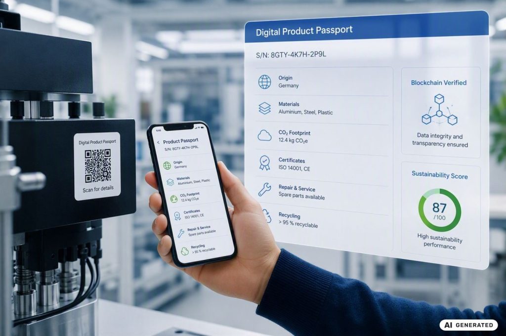Digitaler Produktpass wird gezeigt, Smartphone scannt einen QR-Code und erhält Produktinformationen